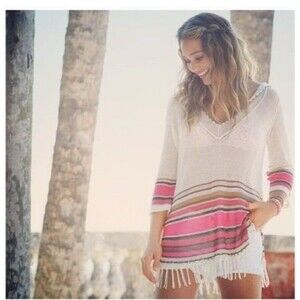 Calypso St. Barth Linen Long Hooded Tunic Sweater Swim Coverup Beach Boho Fringe